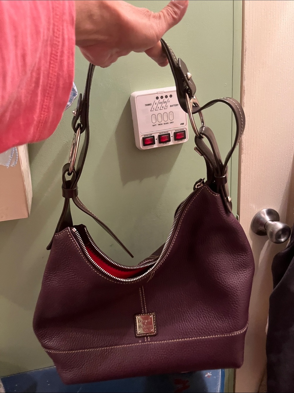 Dooney & Bourke Plum Pebbled Leather Shoulder Bag with Dark Brown Trim - Picture 4 of 4